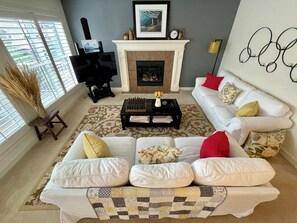 TV, fireplace, video games, DVD player