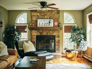 Smart TV, fireplace, table tennis, books