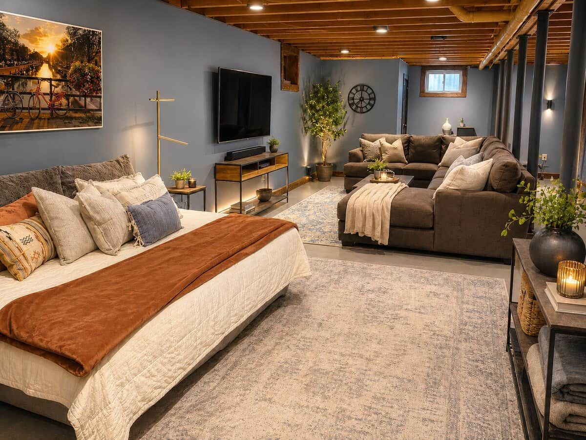 A modern living room with a large bed, a sofa, and a television.