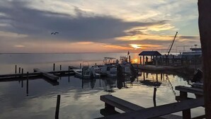 Una marina con barcos amarrados, un muelle y una pequeña estructura con techo.