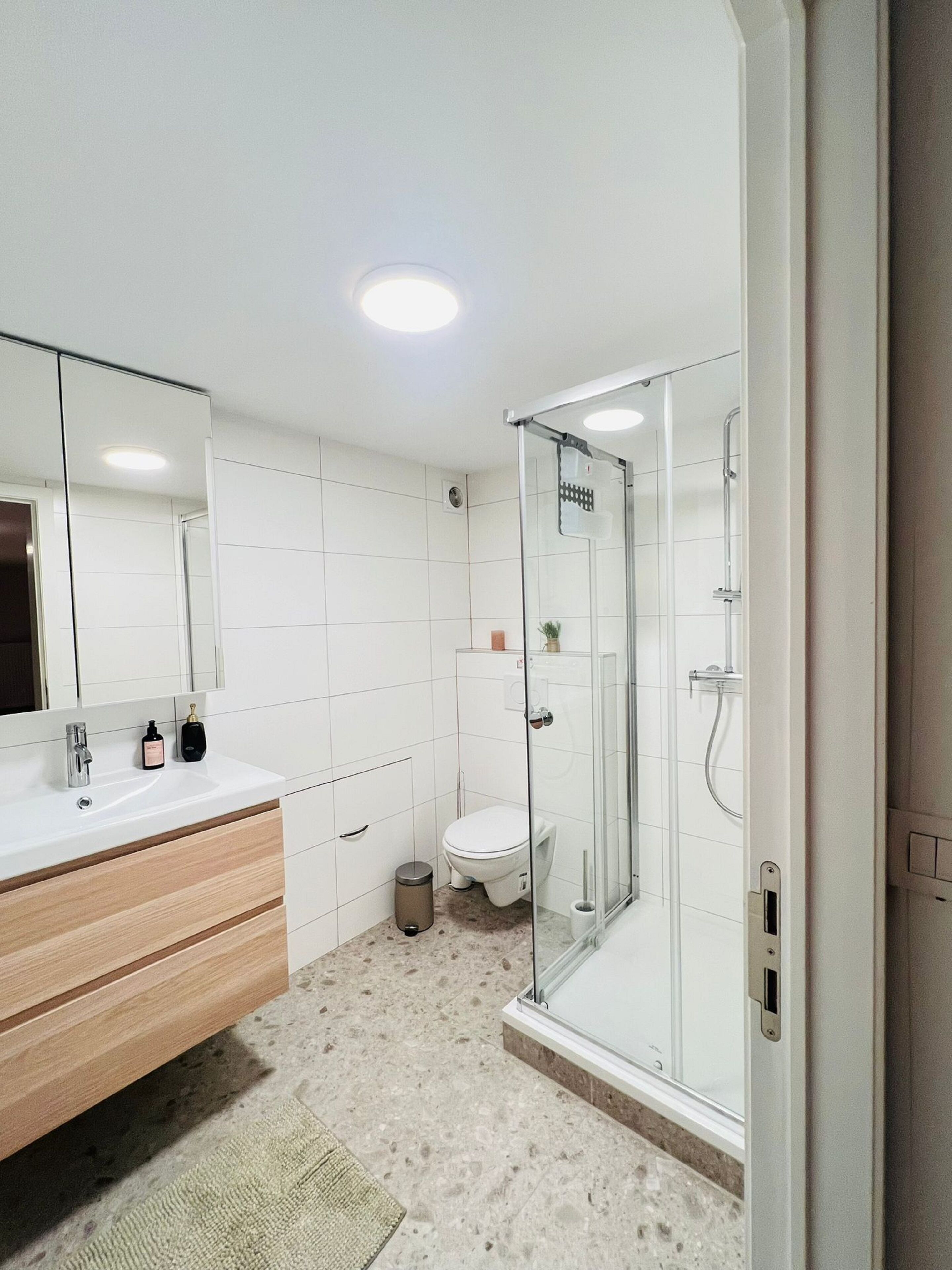 A modern bathroom with a white vanity, a glass shower enclosure, and a toilet.