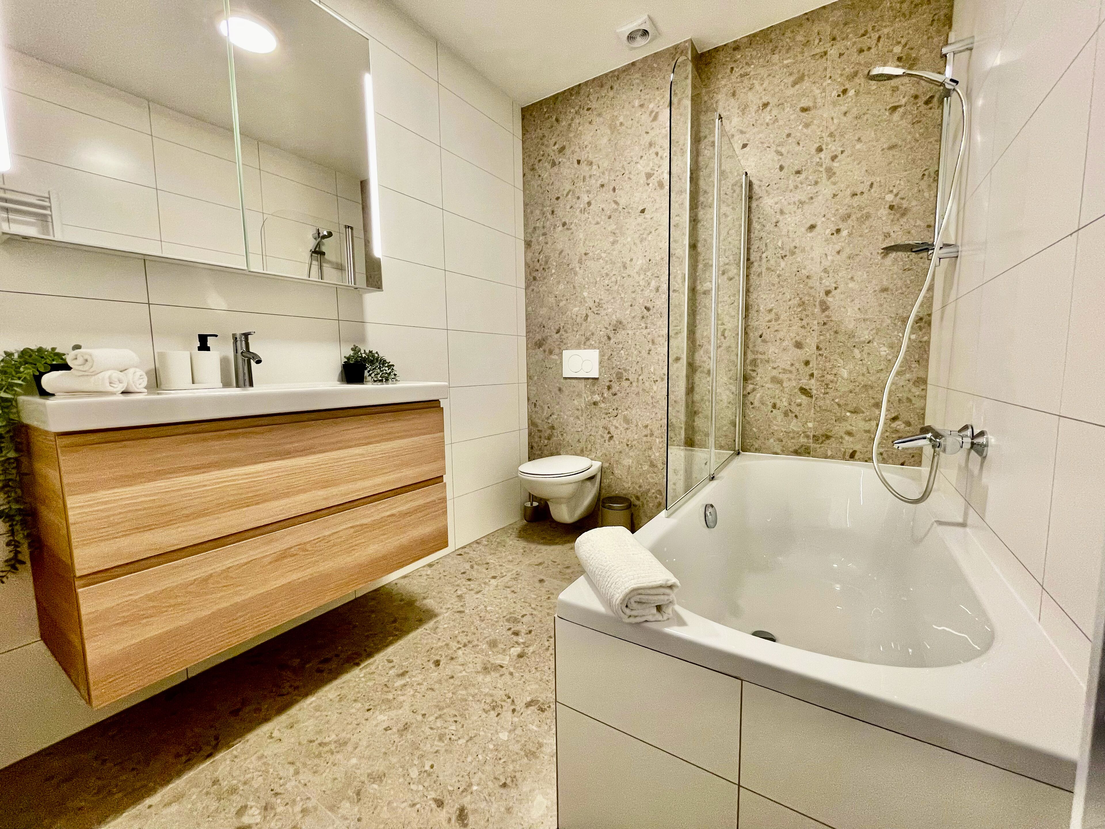Un baño moderno con tocador de madera, ducha con cerramiento de vidrio y un inodoro blanco.
