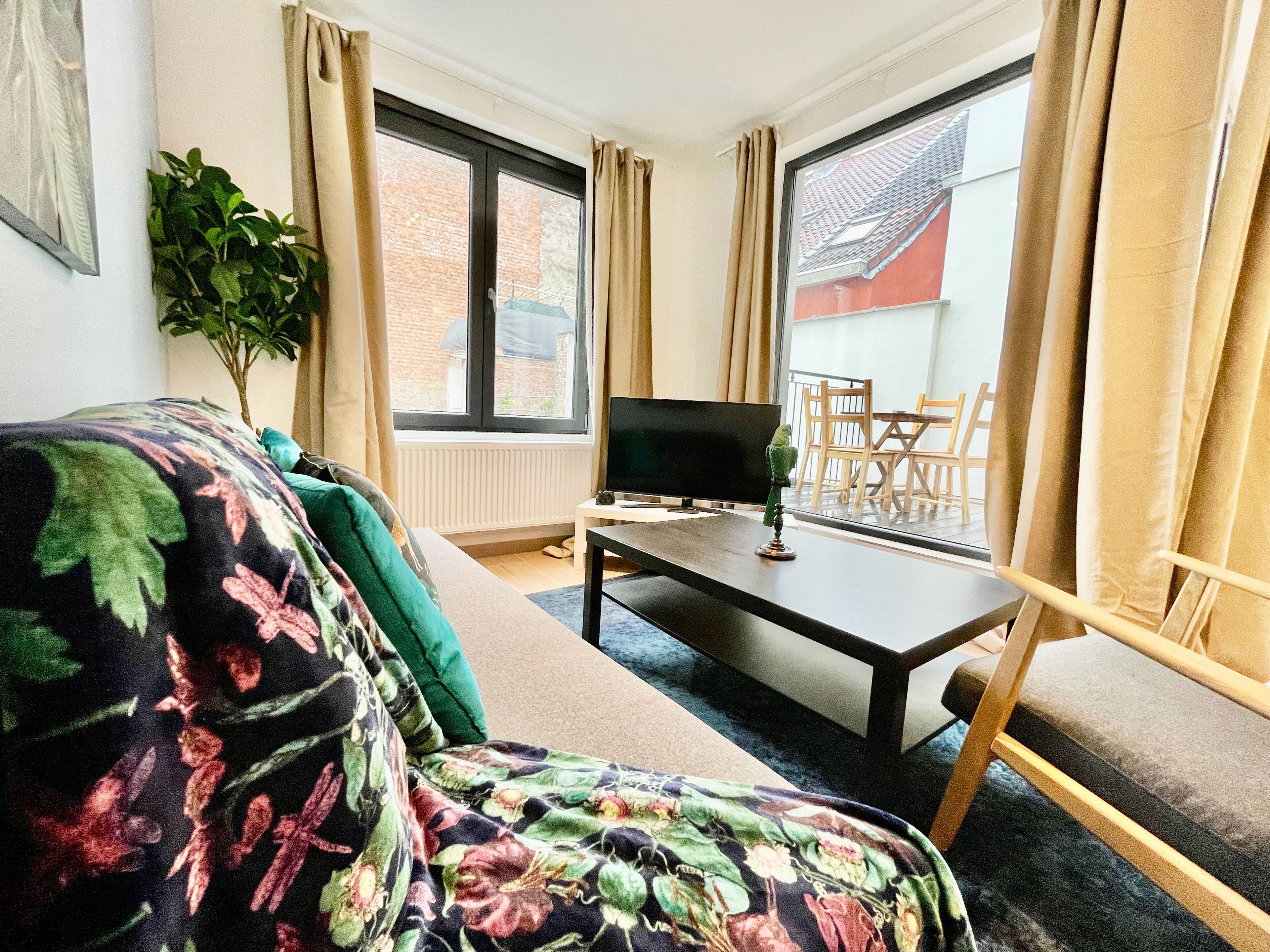 A living room with a sofa, a TV on a stand, a plant, and a view of the outside.