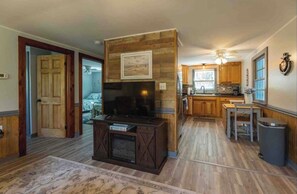 Smart TV, fireplace, DVD player, books