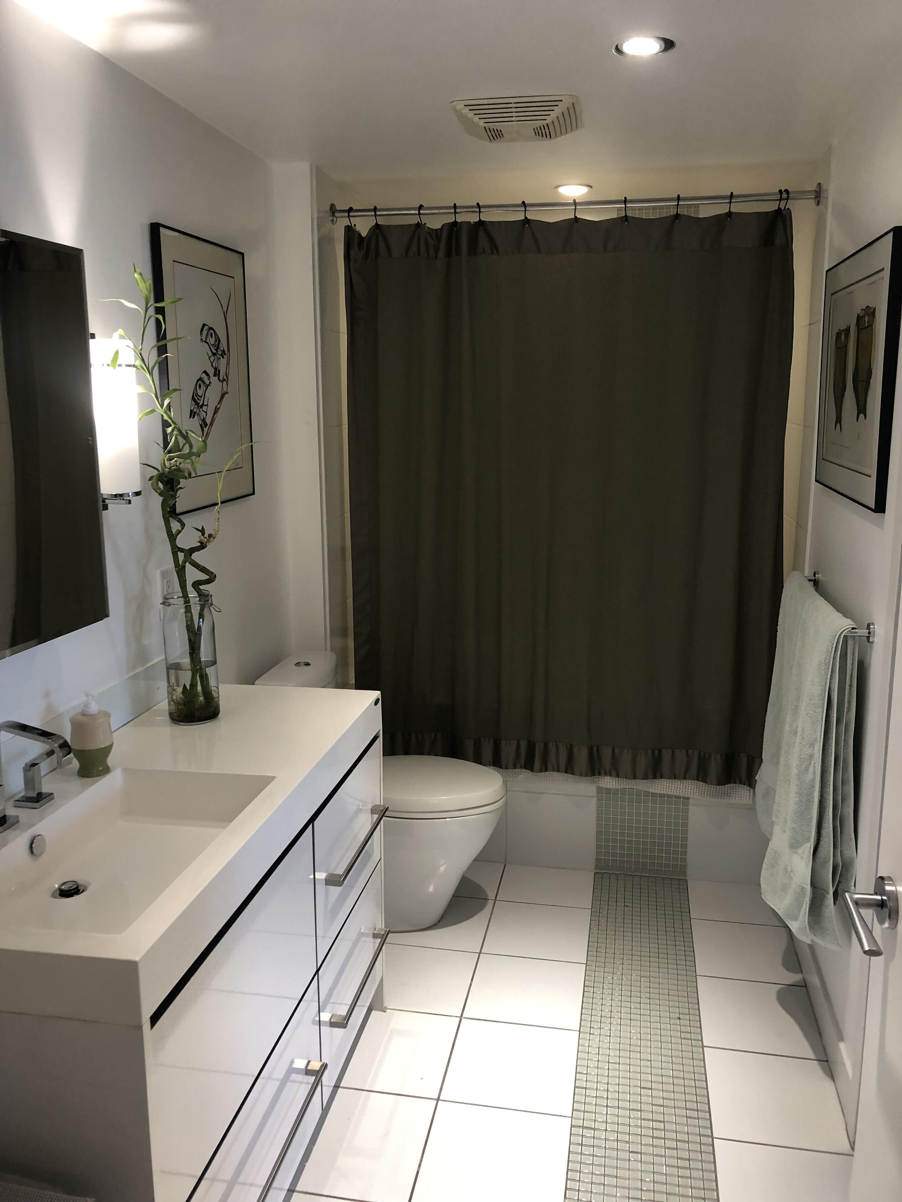 Rainshower and deep soaker tub. Shower stool in hall closet if needed