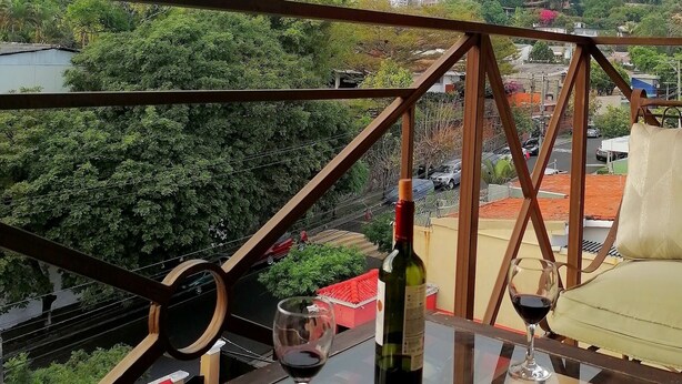 Un balcone con un tavolino in vetro, una bottiglia di vino e un bicchiere di vino rosso. Si nota un parapetto in metallo e una vista sulla città con edifici e alberi.