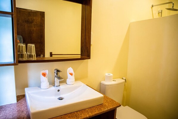 Regadera, toallas, papel de baño 