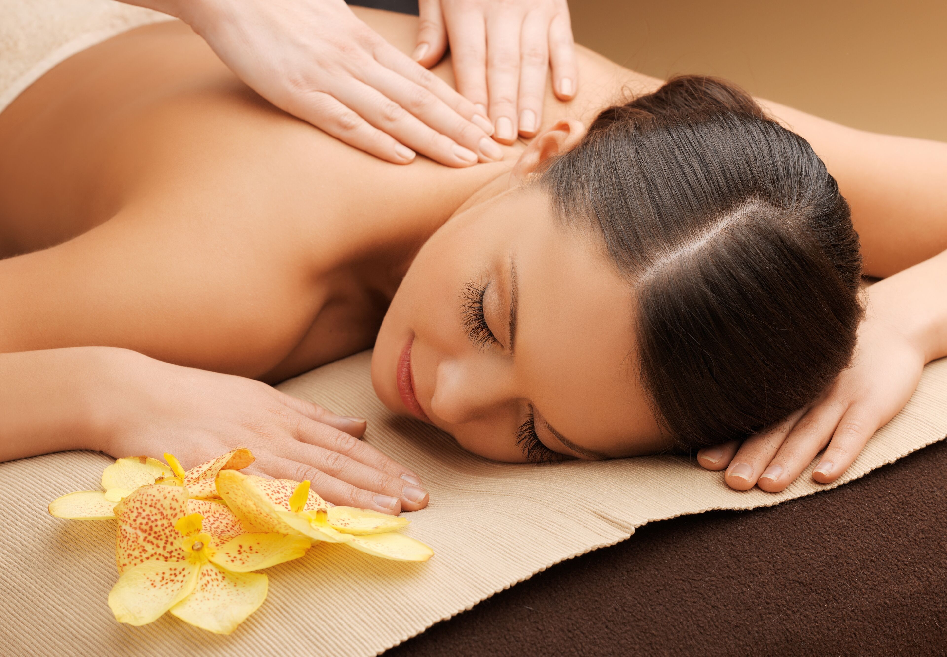 Une personne reçoit un massage, les mains de la masseuse sont posées sur son dos. On aperçoit également une fleur et une surface texturée de couleur marron.