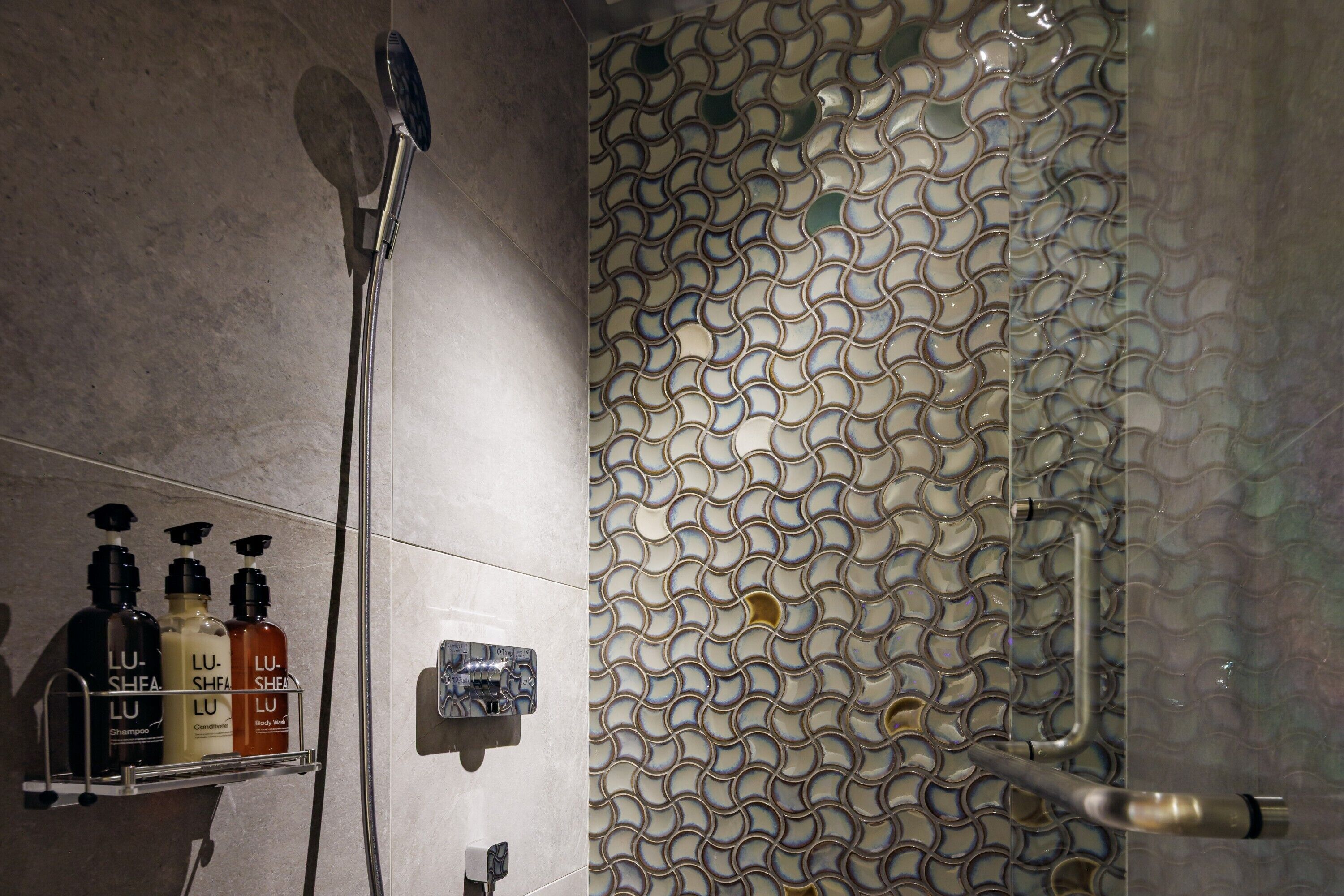 Une salle de bain avec un mur recouvert de carreaux formant un motif original, une douche équipée d’un pommeau de douche à main et une étagère contenant trois flacons de produits de toilette.