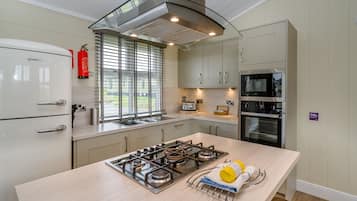 Een koelkast, een oven, een kookplaat, een vaatwasser