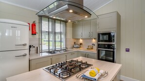 A modern kitchen with a gas stove, stainless steel appliances, and a view through the window.