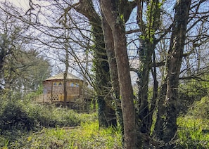 A treehouse with a circular structure, surrounded by dense foliage. - Woodside Bay Treehouse (Wootton Bridge, Nr Cowes)