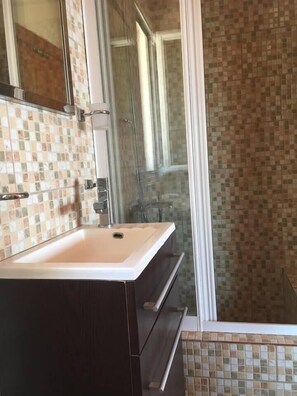 Combined shower/tub, hair dryer, towels