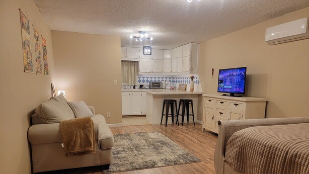 A compact living space with a kitchenette, a sofa, a bed, and a TV. - Lake Access / Private Boat Launch Cabin with Game Room! (Scottsboro)