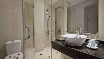 Shower, hair dryer, bathrobes, slippers