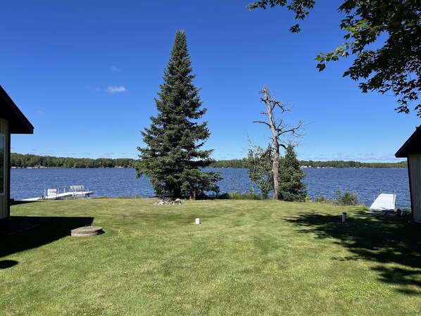 Zona verde con un muelle, un árbol de hoja perenne y un cobertizo pequeño junto a un lago.