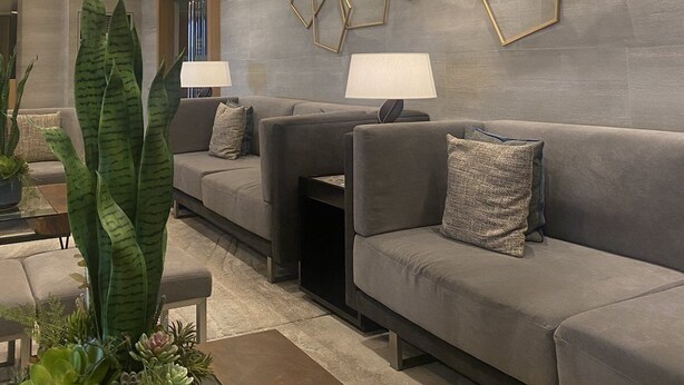 A modern living room with a grey sofa set, a coffee table with plants, and geometric wall art.