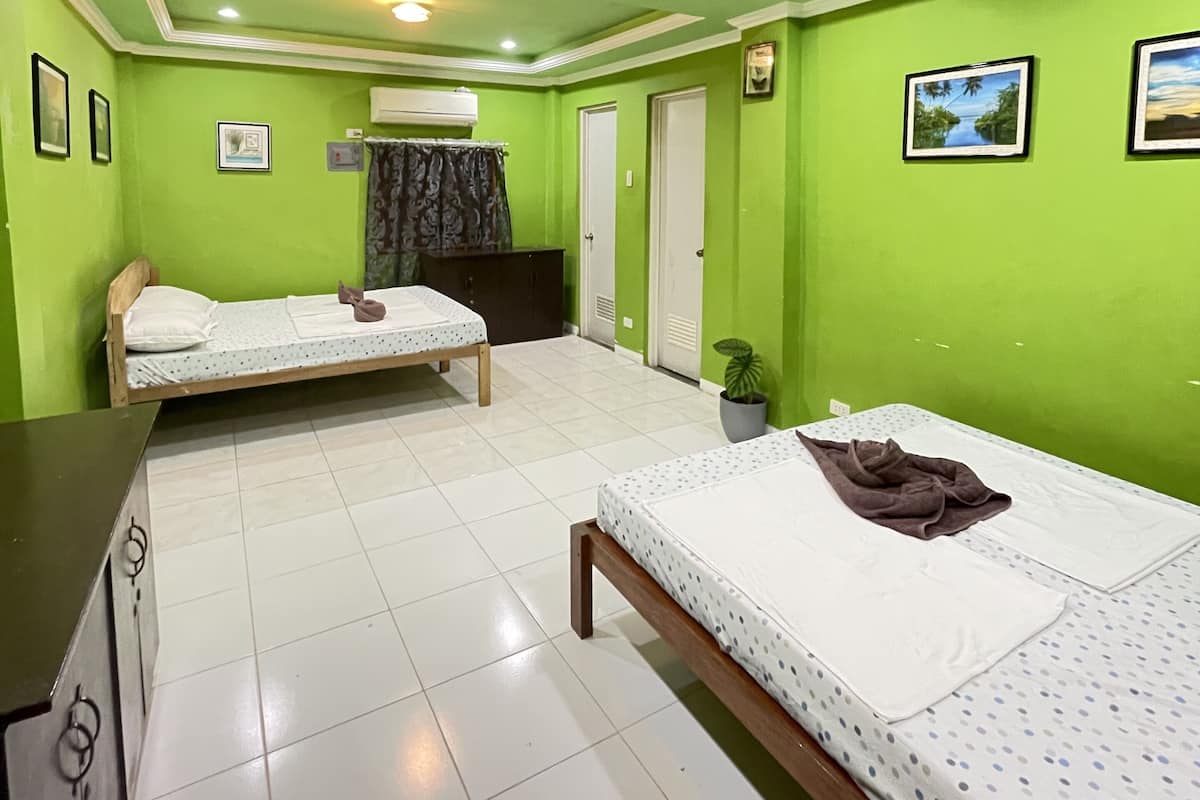 A room with two beds, a desk, and a potted plant.