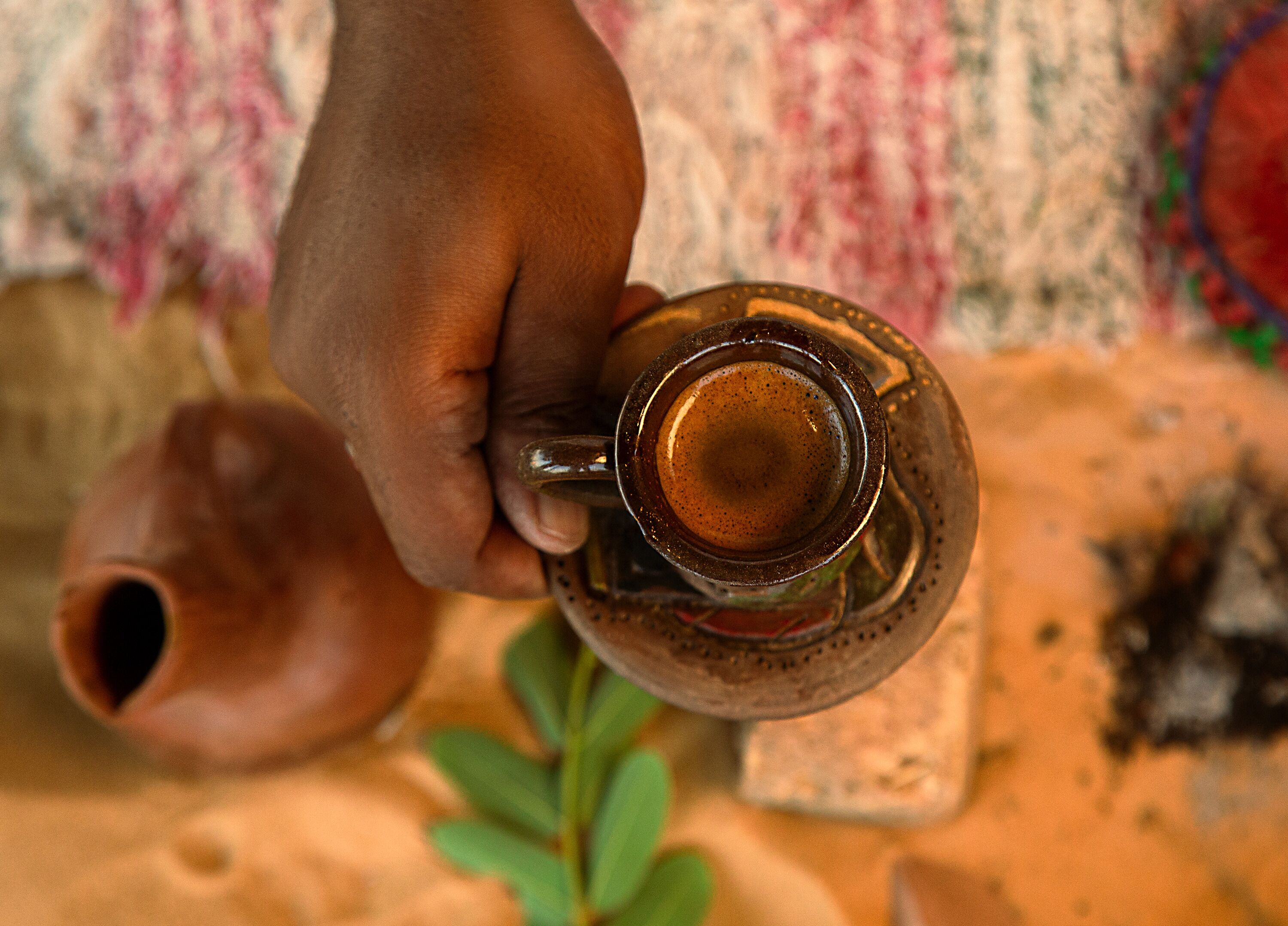 Una mano che tiene una tazza di ceramica con manico, una piccola vasina di terracotta e una pianta verde sullo sfondo.