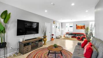 TV, fireplace, books, stereo