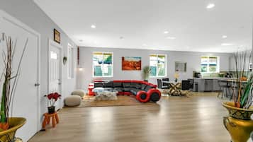 TV, fireplace, books, stereo