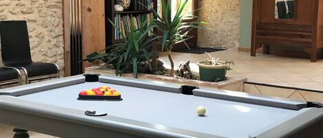Une table de billard avec des billes, une bibliothèque, une chaise et une plante en pot dans une pièce aux murs en pierre.