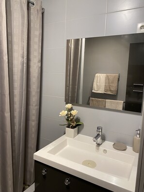 Shower, hair dryer, towels, soap