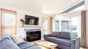 A modern living room with a fireplace, a flat-screen TV, and a large window.