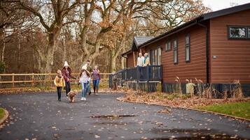 Situated in a natural setting, this lodge offers a serene environment with a balcony overlooking the surrounding trees and a pathway.