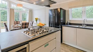 A modern kitchen with a gas stove, stainless steel appliances, and a view of greenery outside.