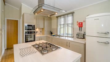 Een koelkast, een oven, een kookplaat, een vaatwasser