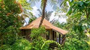 A rustic house with a tiled roof surrounded by lush greenery and tropical plants.