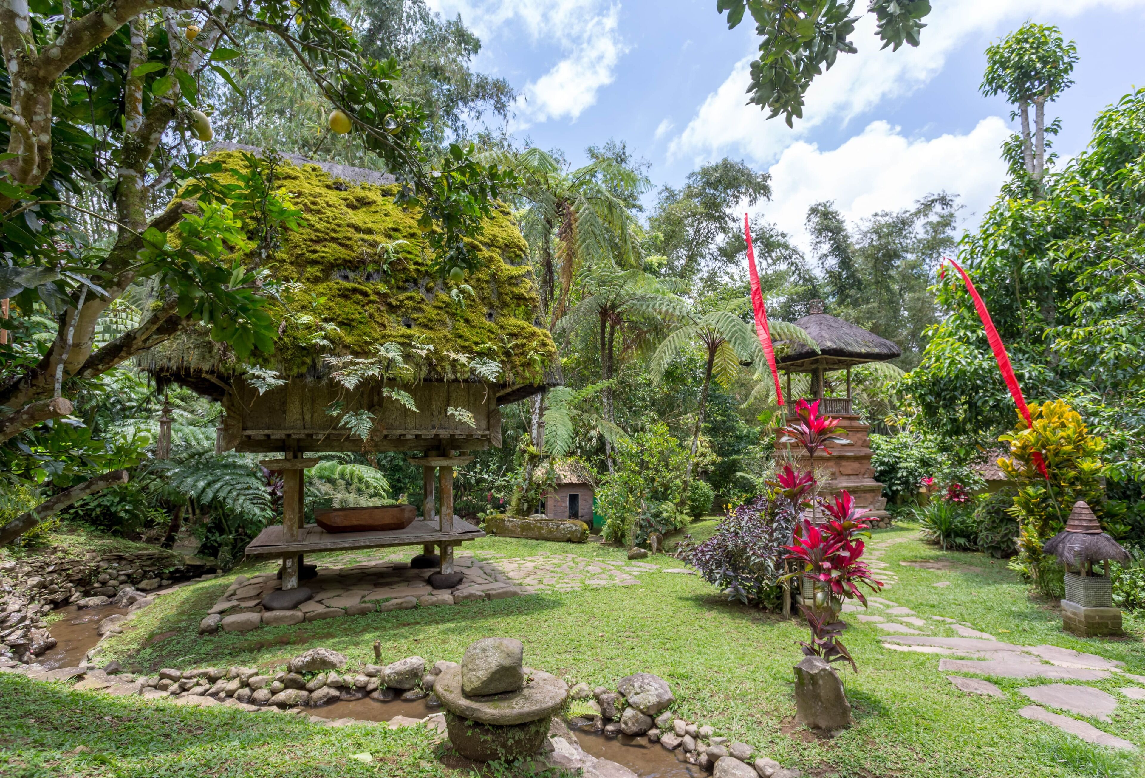 Un jardín con una estructura de techo de paja, un sendero de piedra y diversas plantas y árboles.