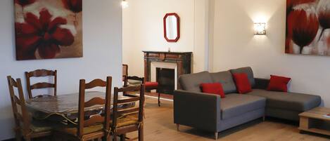 TV connectée, cheminée, livres