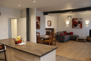 TV connectée, cheminée, livres