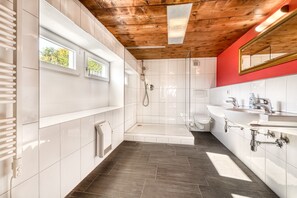 Standard-Haus | Badezimmer | Dusche, Haartrockner, Handtücher, Toilettenpapier
