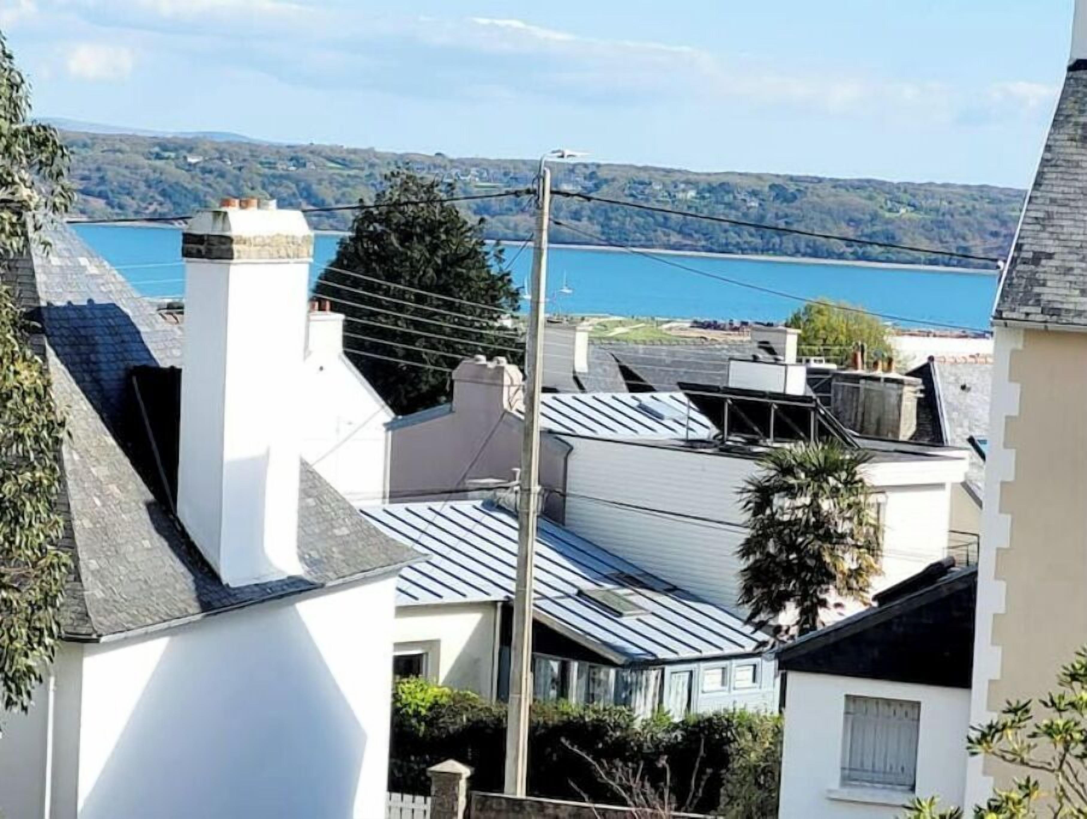 A residential area with houses and a view of a body of water.
