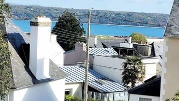 A residential area with houses and a view of a body of water.