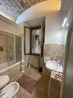 Shower, eco-friendly toiletries, hair dryer, bidet