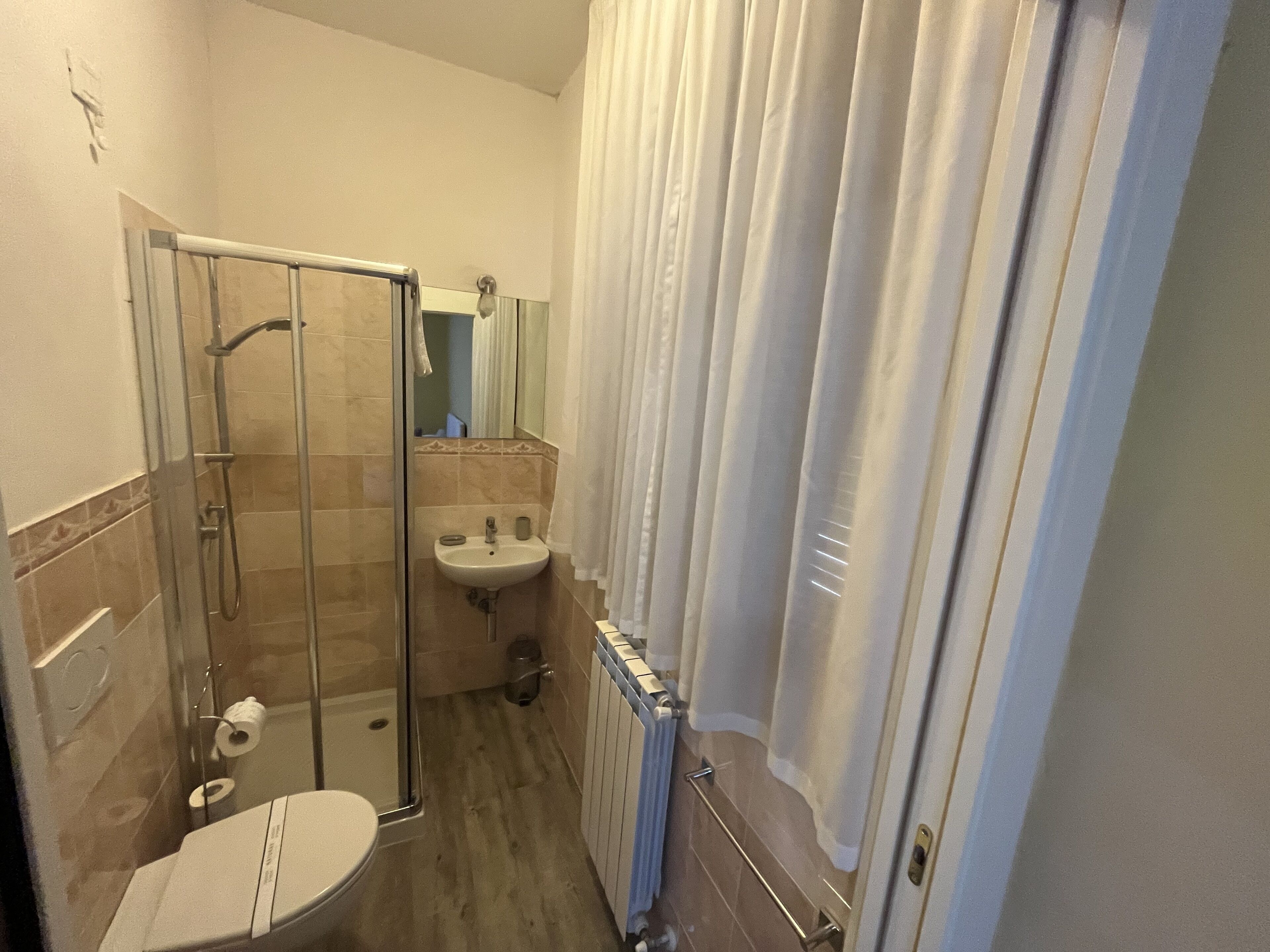 A bathroom with a glass-enclosed shower, a sink, and a toilet.