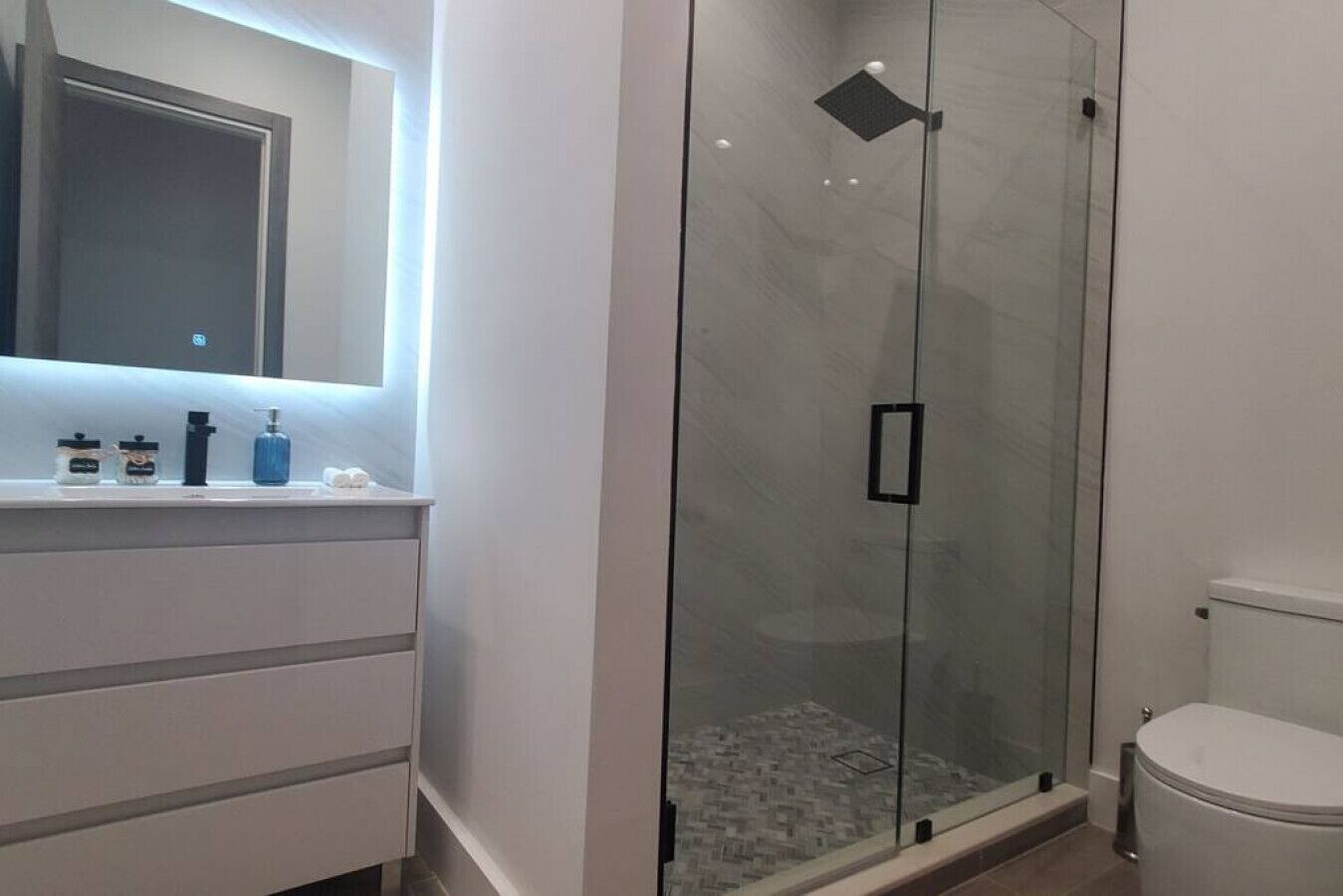 A modern bathroom with a glass-enclosed shower, a white toilet, and a vanity with toiletries.