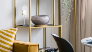 Une grande étagère à plusieurs niveaux, encadrée de doré, sur laquelle sont disposés divers objets décoratifs, notamment un vase avec des feuilles vertes, un bol et un récipient en verre.