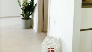 A hallway with a potted plant, a door, and a white basket. - Violet Maison (Kos)