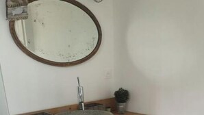 A wooden vanity with a stone basin, a mirror, and a small plant. - Gîte ave Piscine (Illats)