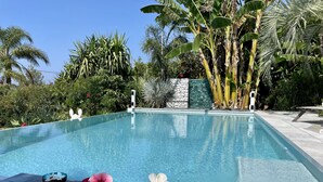 Piscina azul cristalina con borde de piedra, rodeada de exuberante vegetación tropical y un muro de piedra.