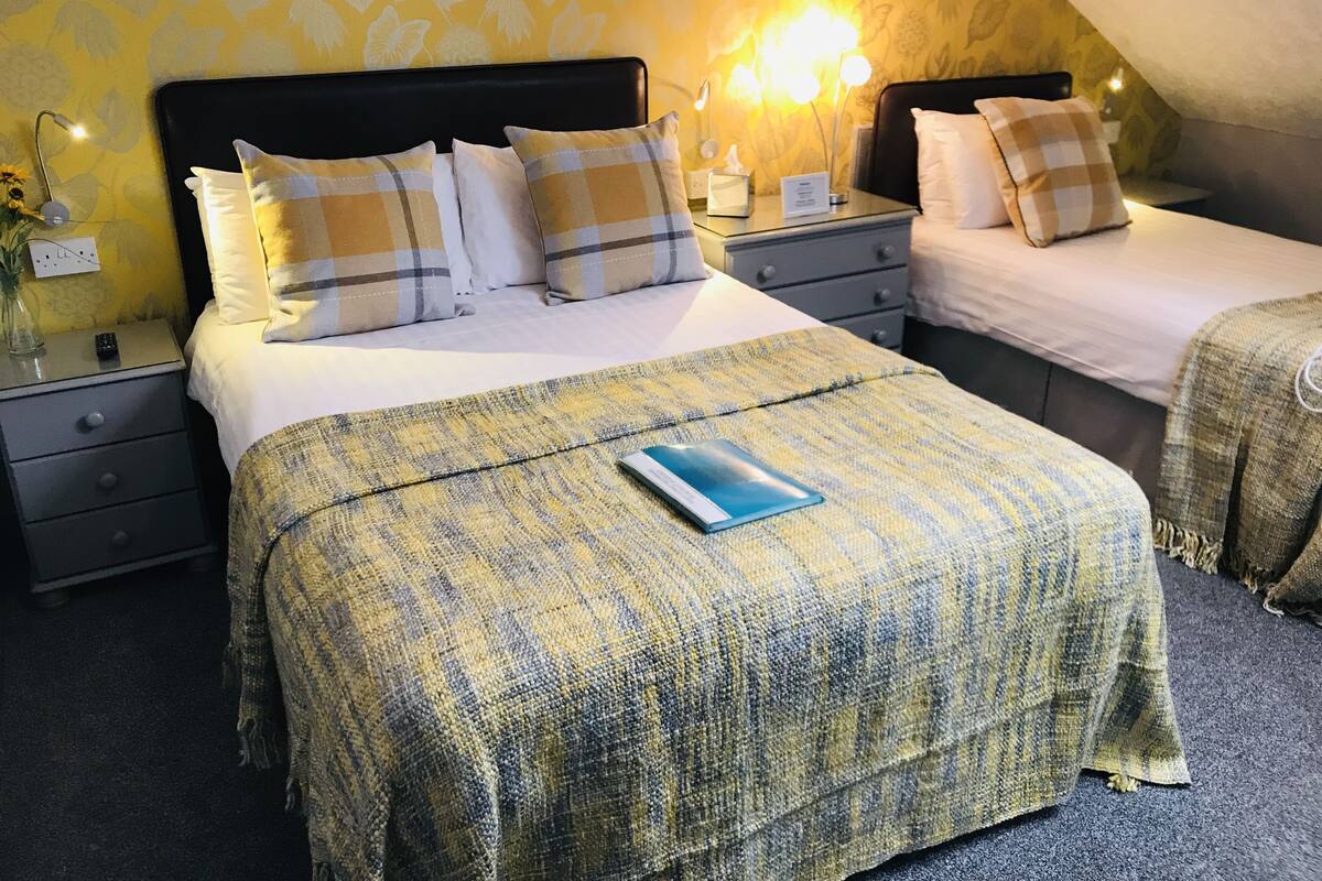 A hotel room with a large bed, two bedside tables, a nightstand, and a lamp.