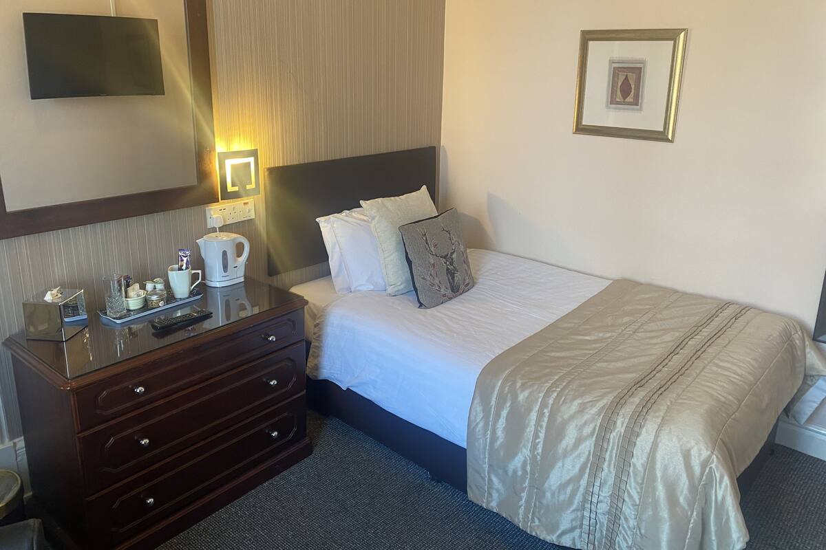 A hotel room with a bed, a dresser, a bedside table with a lamp, a TV mounted on the wall, and a framed picture on the wall.