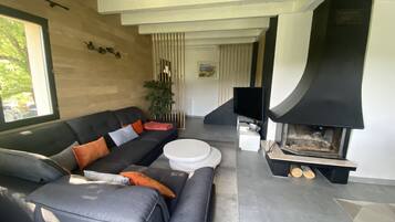 Una Smart TV, una chimenea, un reproductor de DVD