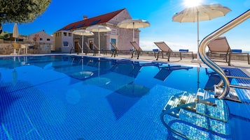 Seasonal outdoor pool, open 8:00 AM to 8:00 PM, pool umbrellas