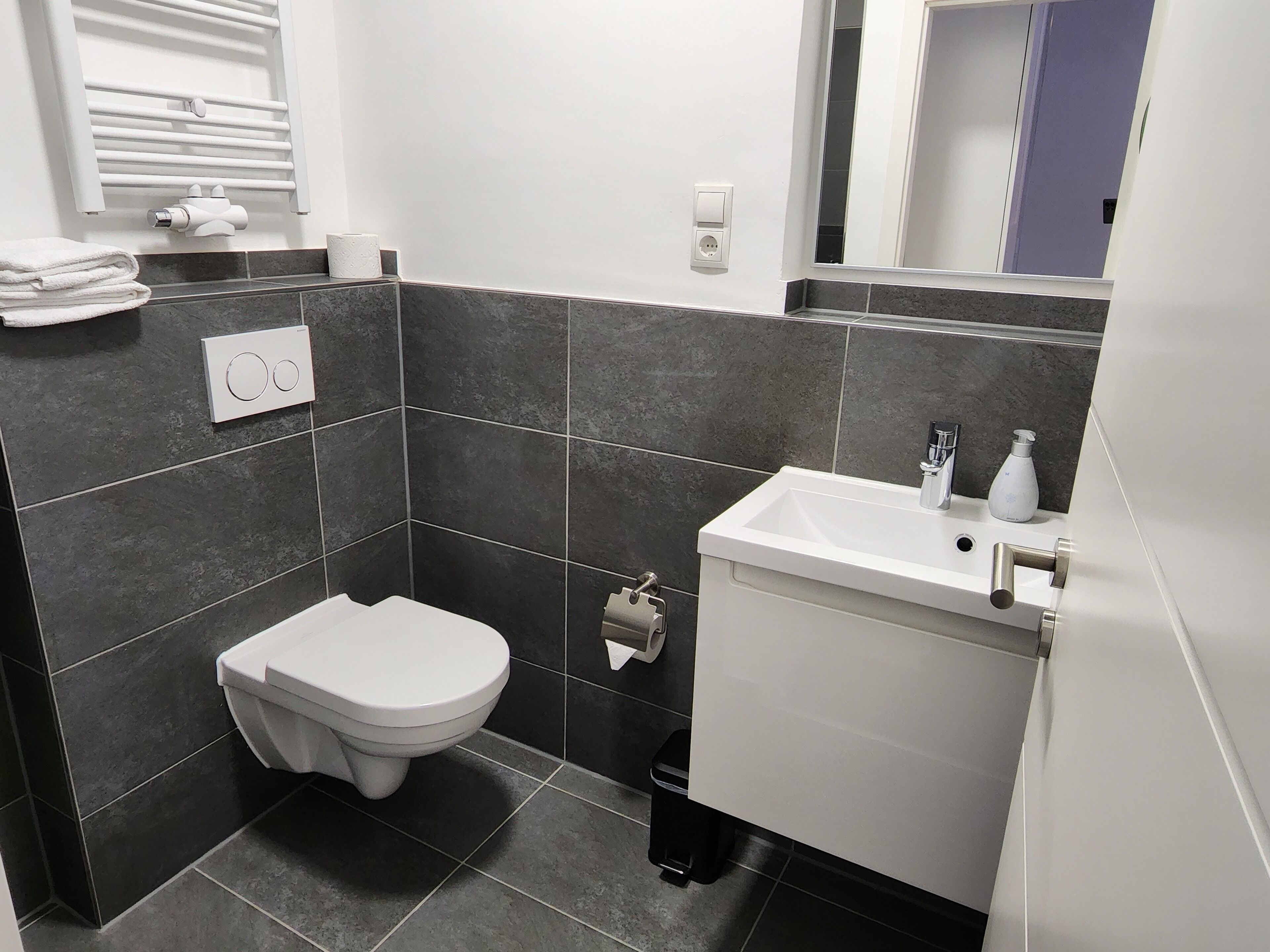 A modern bathroom with a toilet, sink, and mirror.